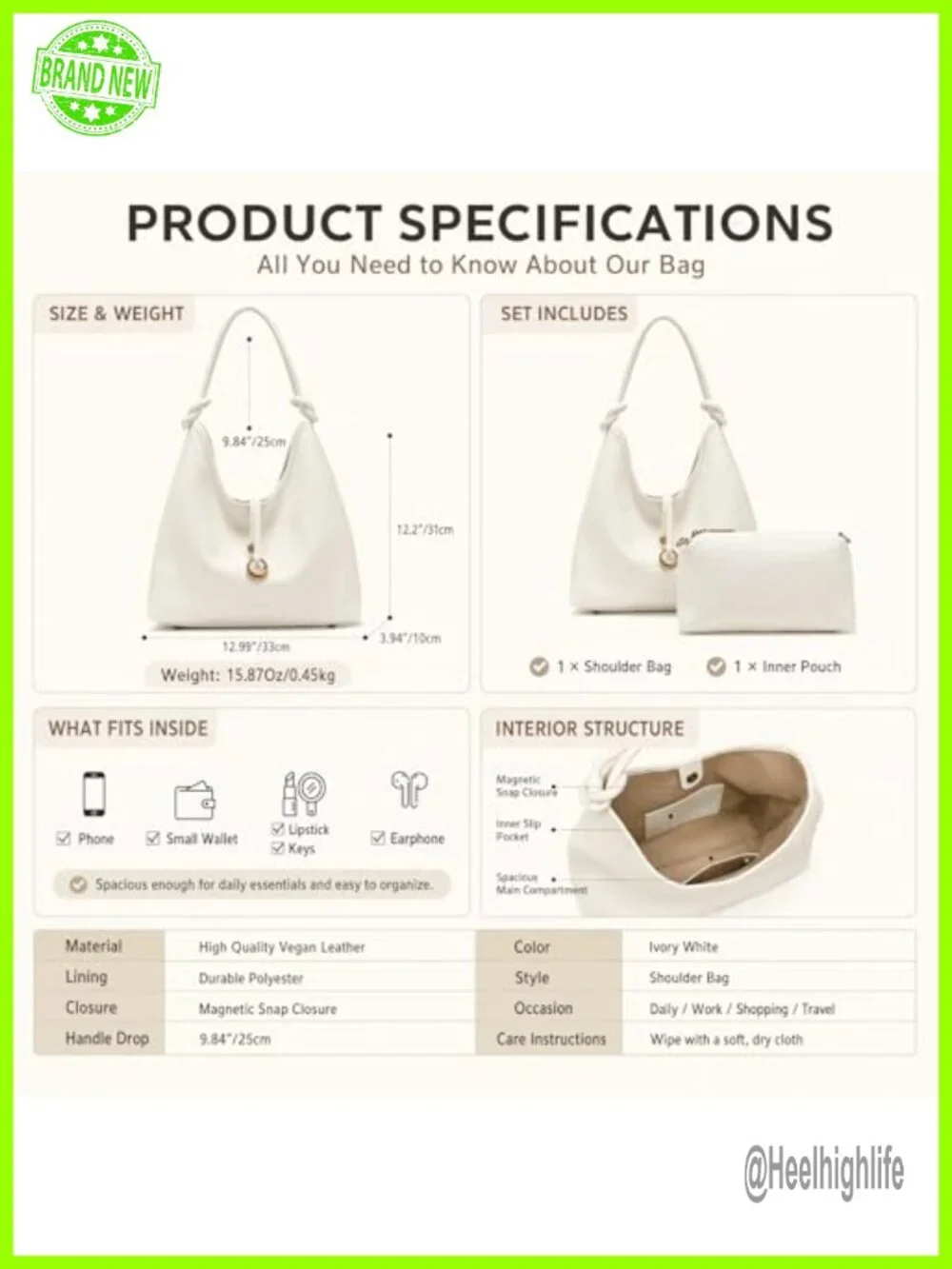 2 in 1 Tote Set with Detachable Pouch, Soft Slouchy Hobo Bag